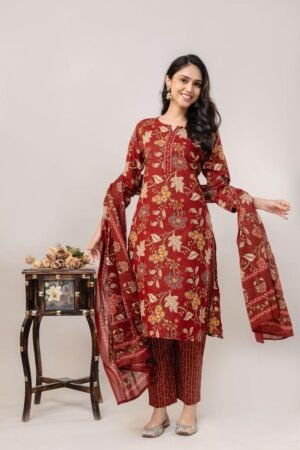 Maroon Floral Print Kurta Pant Dupatta 3-Piece Set