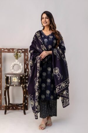 Navy Blue Floral Print Ethnic 3-Piece Suit Set