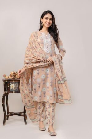 Peach Floral Printed Kurta Pant Dupatta Set