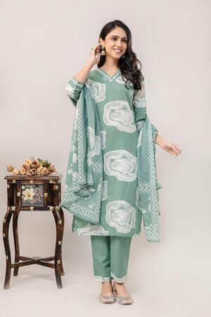 Sage Green Floral Print Ethnic 3-Piece Suit Set