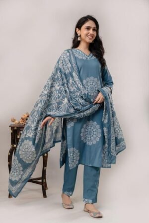 Women’s Blue Floral Printed Kurta Pant Dupatta 3-Piece Set