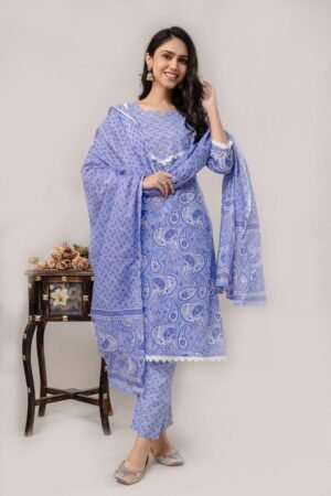 Lavender Blue Paisley Print Ethnic 3-Piece Suit Set